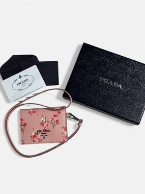 Prada Cardholder Lanyard Floral Saffiano Leather Pink ID Holder Wallet w Strap